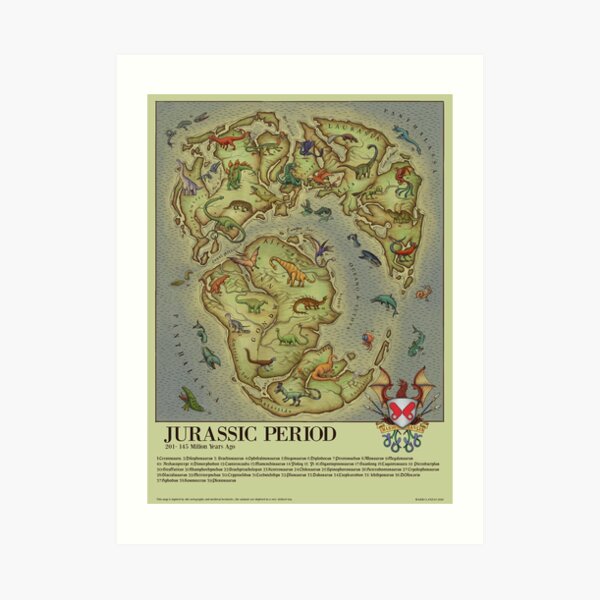 JURASSIC PERIOD MAP (vintage style) medieval bestiary Art Print