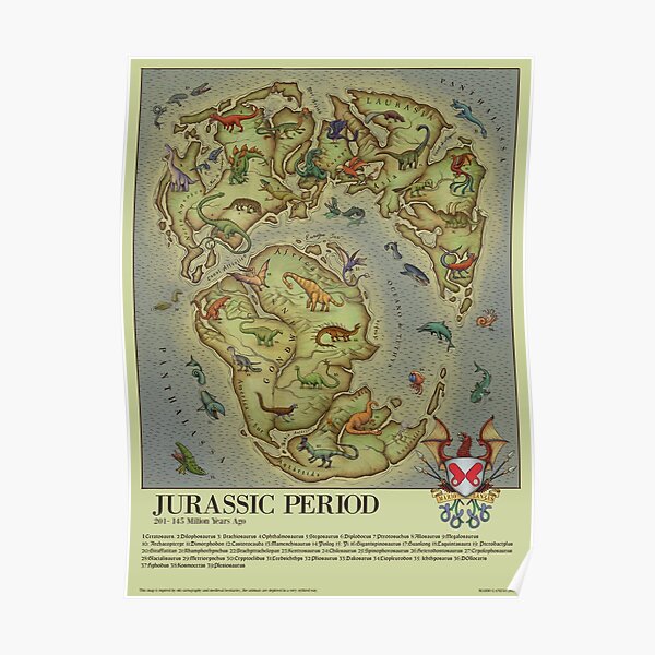 JURASSIC PERIOD MAP (vintage style) medieval bestiary Poster