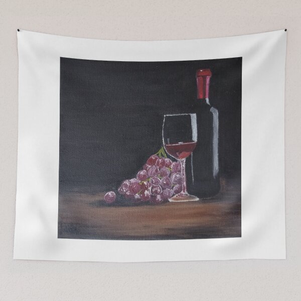 Item preview, Oil painting on stretched canvas of a wine glass and bottle with black grapes. designed and sold by Abha-Hues.