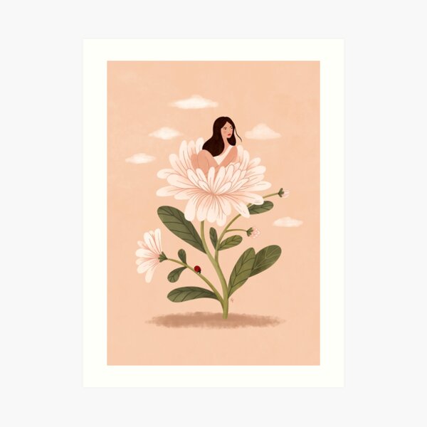 Girl and Aster Flower Art Print