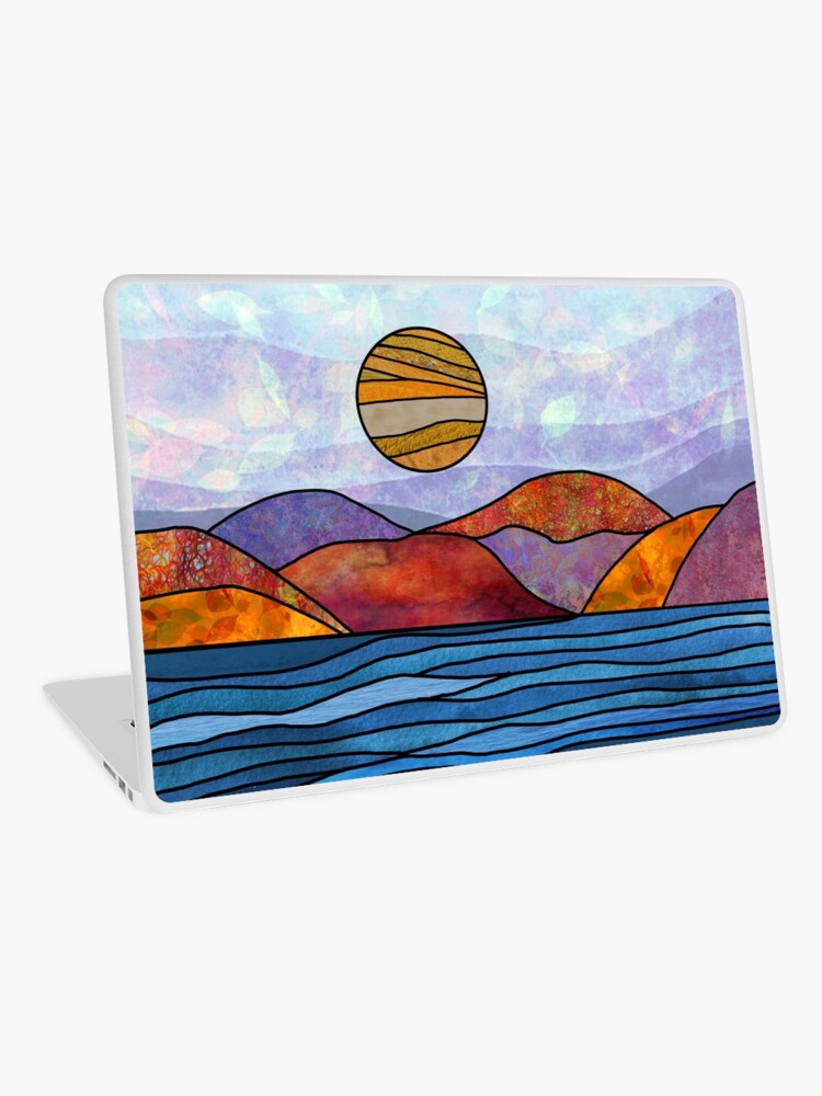 Aperçu 1 sur 2. Skin adhésive d'ordinateur avec l'œuvre La mer, la plage et le soleil des montagnes - Happy Nature créée et vendue par maryedenoa.