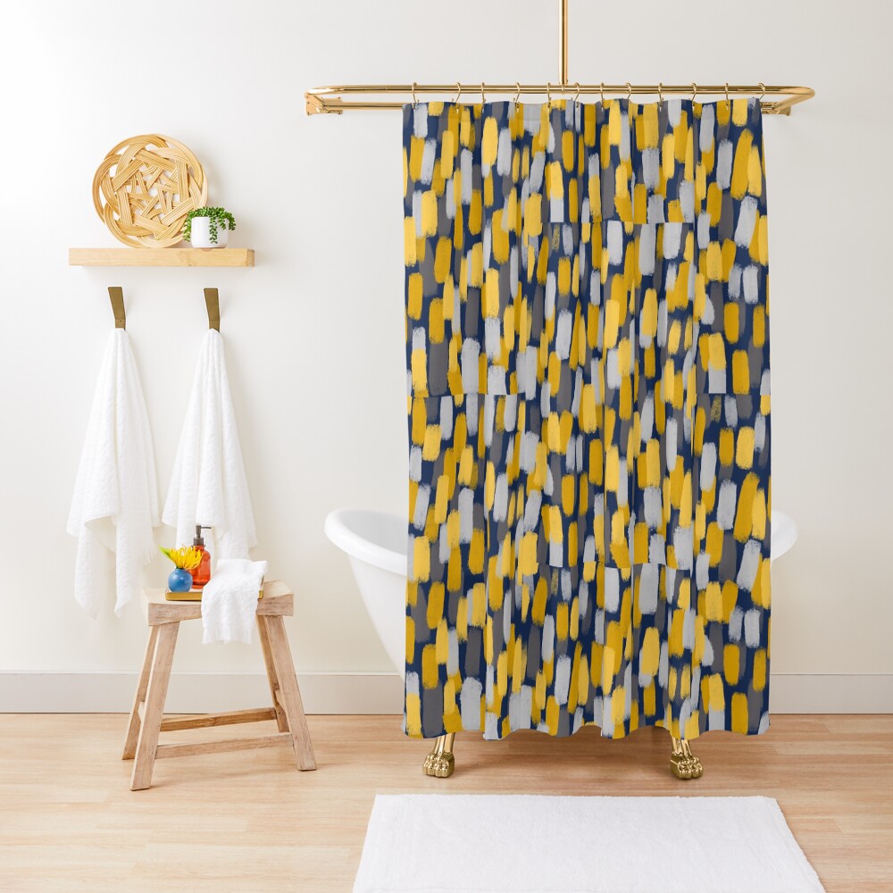 Abstract Grey and Mustard Yellow Paint Brush Effect on Navy Blue Shower Curtain