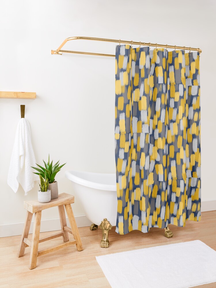 Alternate view of Abstract Grey and Mustard Yellow Paint Brush Effect on Navy Blue Shower Curtain