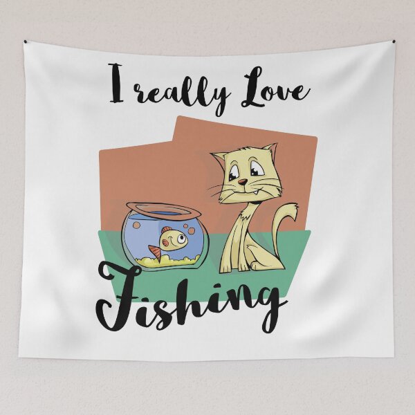 Item preview, Realmente me encanta pescar, con un gato mirando peces en la pecera designed and sold by 4AllTimes.