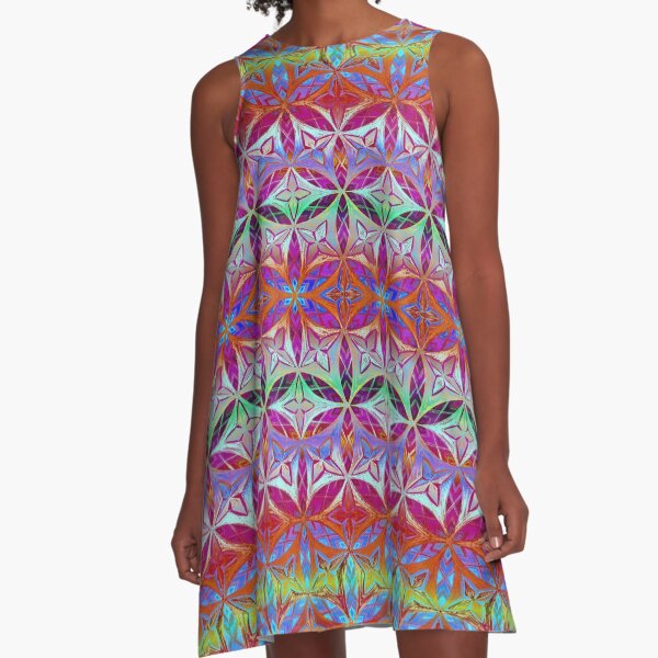 Flower of Life Rainbow Vintage Pattern A-Line Dress