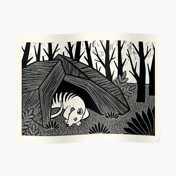 Sleeping thylacine in landscape - Woodcut 2 Poster