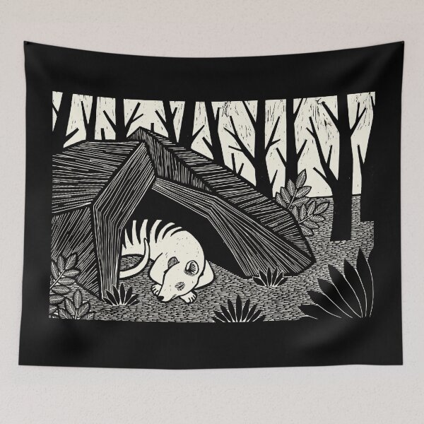 Item preview, Sleeping thylacine in landscape - Woodcut 2 designed and sold by Veymoth.