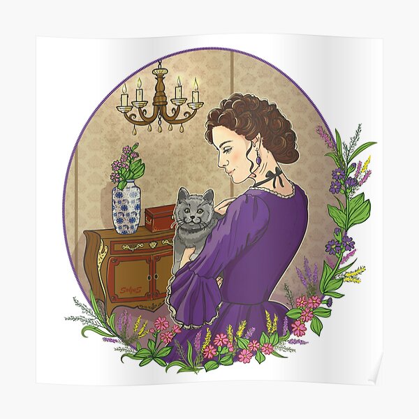 Pensive beautiful woman with the cat Poster