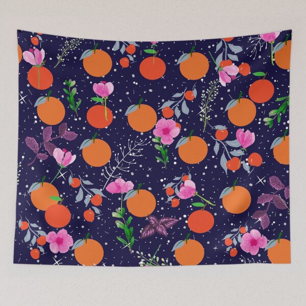 Item preview, Mandarin Oranges with Cherries and Purple Blossoms with Green White Leaves designed and sold by Aishwarya Singh.