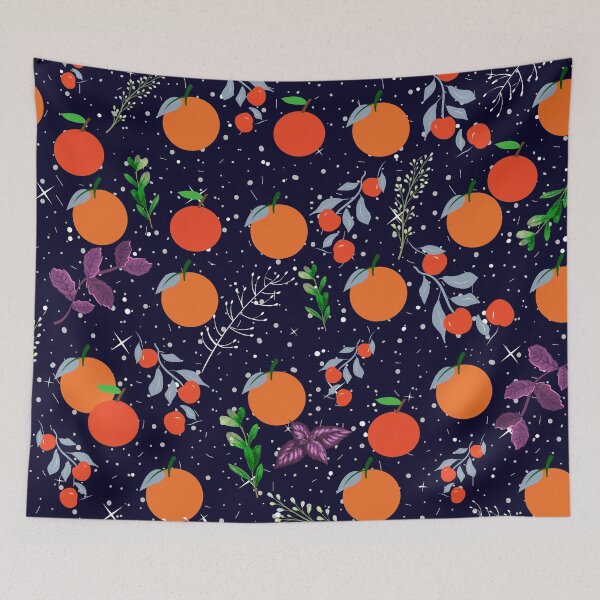Item preview, Mandarin Oranges with Cherries and Purple Green White Leaves on Navy Blue designed and sold by Aishwarya Singh.