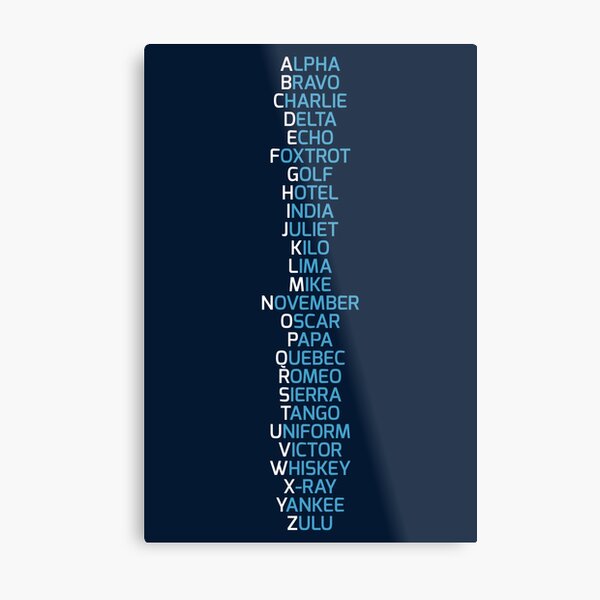 Phonetic Alphabet Navy Blue Metal Print