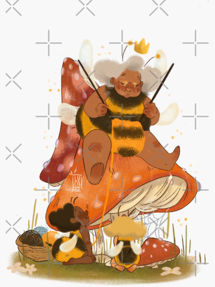 Aperçu 3 sur 3. Sticker avec l'œuvre Reine des Abeilles tricote pour les nouvelles créée et vendue par Lulubellule.