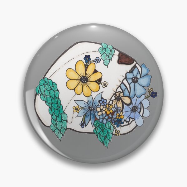 Cat Skull with Flowers (Grey Background) Pin