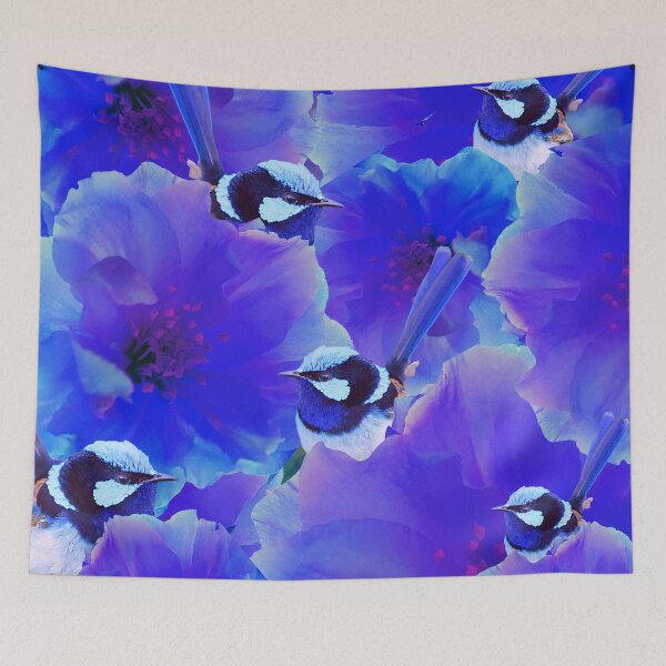 Item preview, Bluetiful - Spot the Wren - Blossom Floral & Blue Wren Behind Black designed and sold by CheckOutOz.