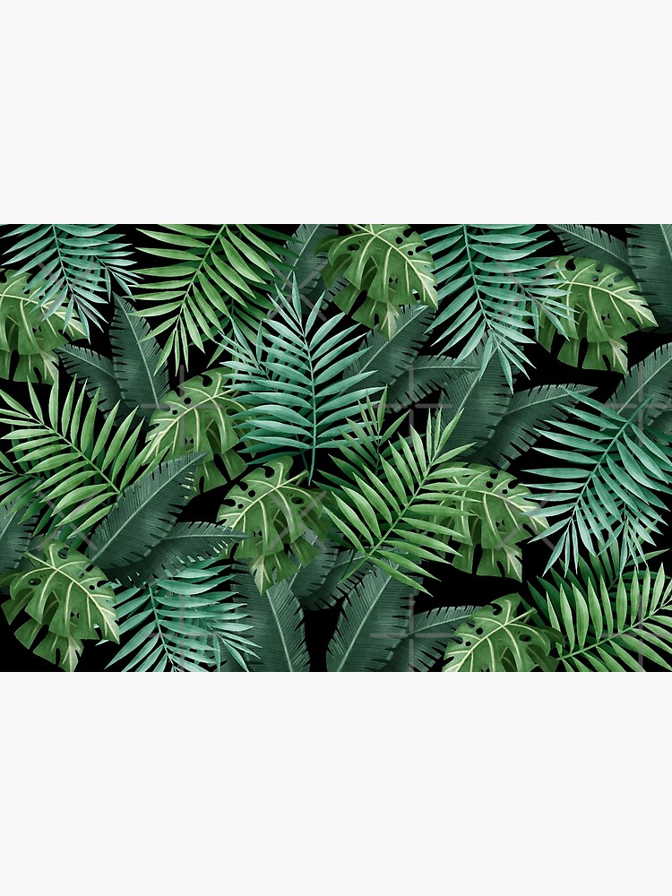 Disover Tropical Pattern Palm Tree Monstera Green Leaves Black Background Premium Matte Vertical Poster