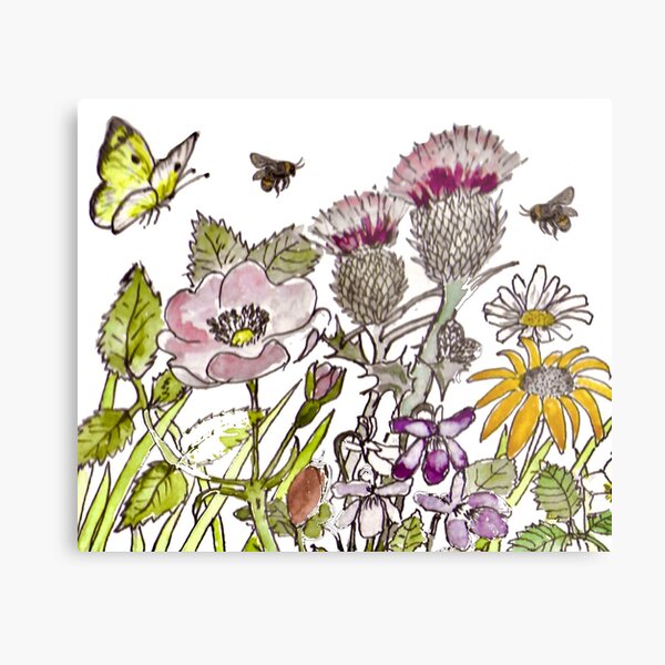 English Wildflowers butterfly bees Metal Print
