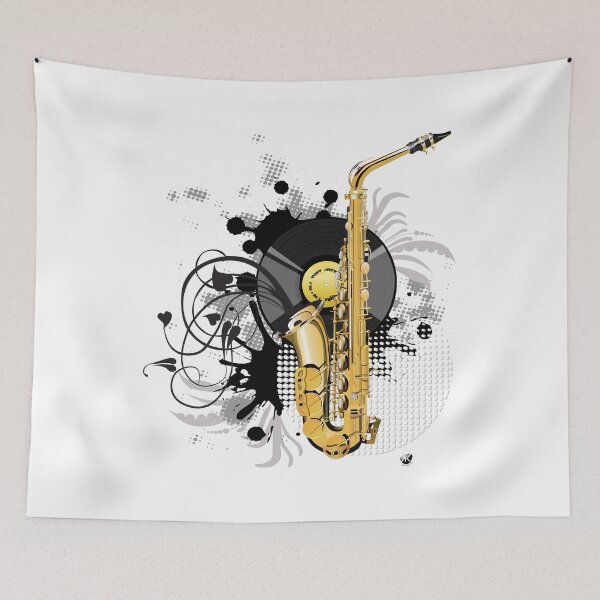 Item preview, Saxophone and vinyl record illustration with inscription designed and sold by Alexandra Kueny.