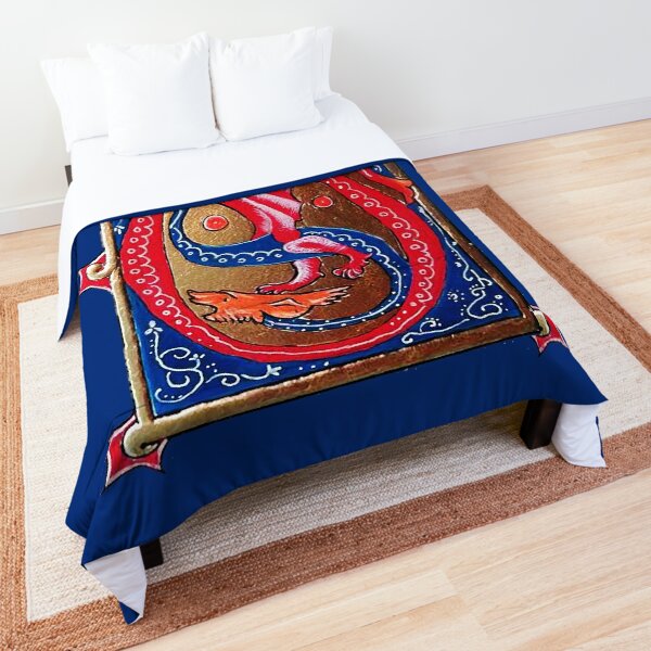 MEDIEVAL BESTIARY,GOLD BLUE RED SNAKE DRAGON AS S LETTER Comforter