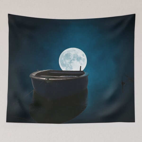 Item preview, Full moon night sky boat lake view fantasy world bestseller tapestry designed and sold by August-E.