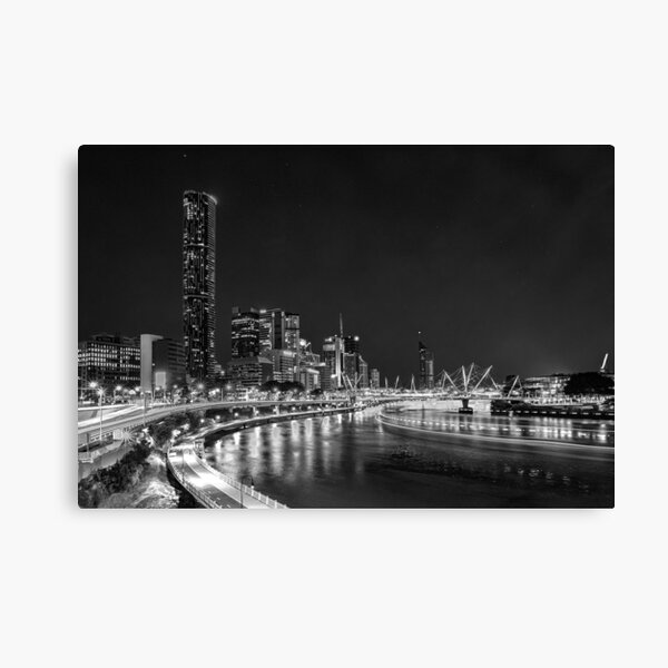 Photography of Brisbane River & cityscape night lights in black and white Canvas Print