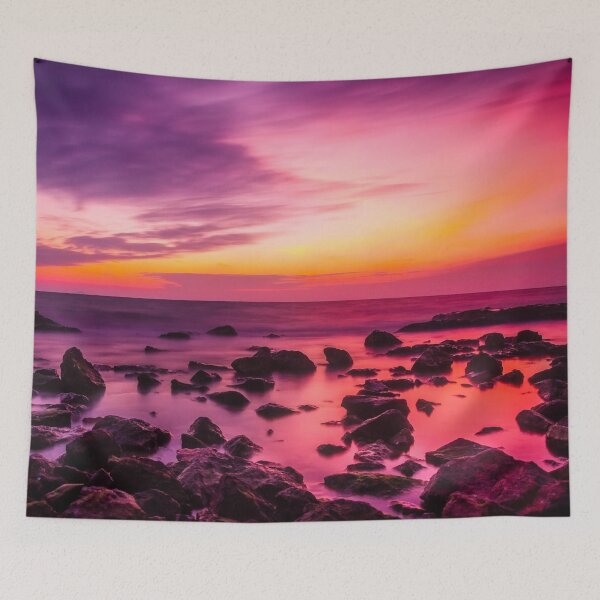 Item preview, Pink orange yellow sunset sky sea side  beautiful landscape view bestseller tapestry designed and sold by August-E.