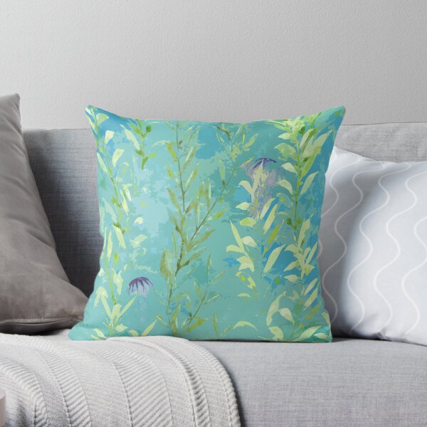 Abstract Watercolor Seaweed with Jellyfish on Watercolor Blue Throw Pillow