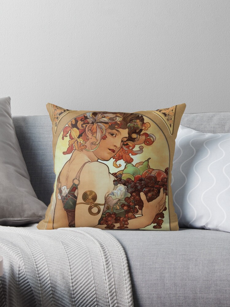 Fruit by Alphonse Mucha Art Nouveau Fantasy Portrait Decorative Art Print Throw Pillow