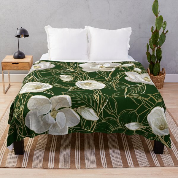 Modern Southern Magnolia Pattern on Deep Green Throw Blanket