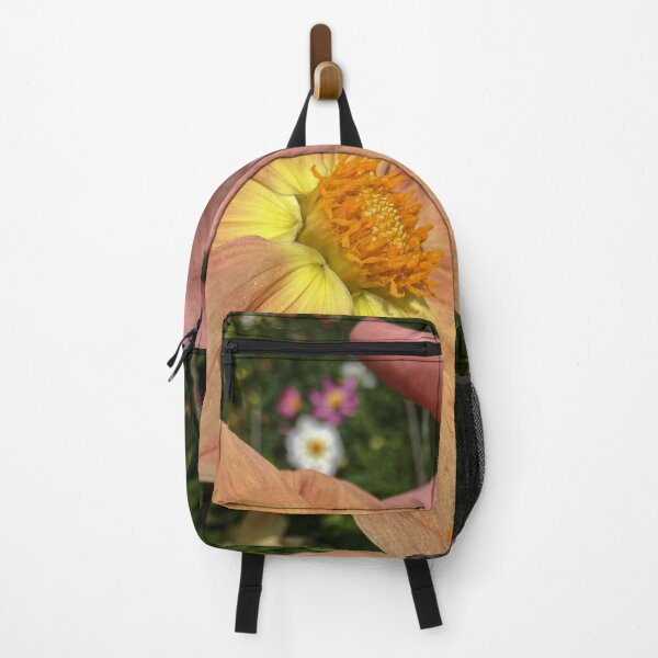 Artikelvorschau, Orange-rosa Mischung zu leuchtend gelben einzelnen Dahlienblüten mit gelber Fibonacci-Spiralscheibe Floret 075 entworfen und verkauft von Bees-n-Flowers.