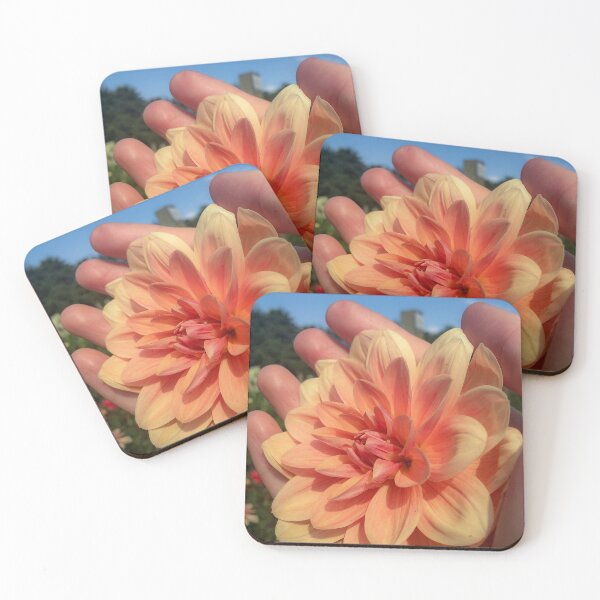 Item preview, Coral Orange Double Bloom Decorative Dahlia. Pink-flushed, Apricot to Light Orange Flower, flushed Yellow at the centre 081 designed and sold by Bees-n-Flowers.