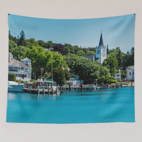 Item preview, Saint Anne's Church from the harbor of Mackinac Island designed and sold by Michael Deemer.