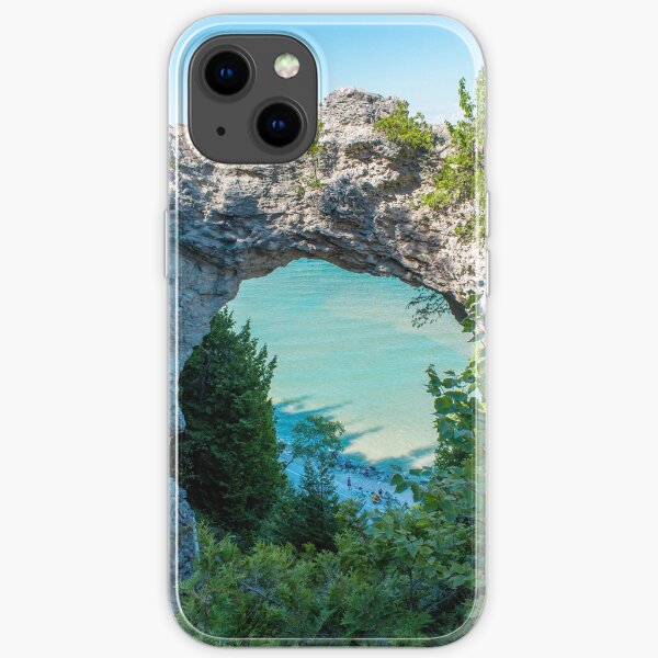Looking at Lake Michigan through Arch Rock on Mackinac Island in Michigan iPhone Soft Case