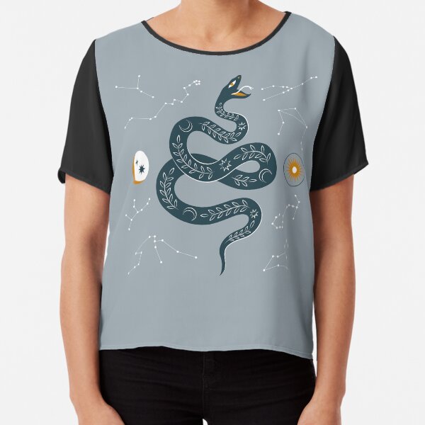 Mid Century Magic Minimalist Modern Trendy Contemporary Mythical Snake Star Constellation Sun Moon Zodiac Symbol Powder Blue Chiffon Top