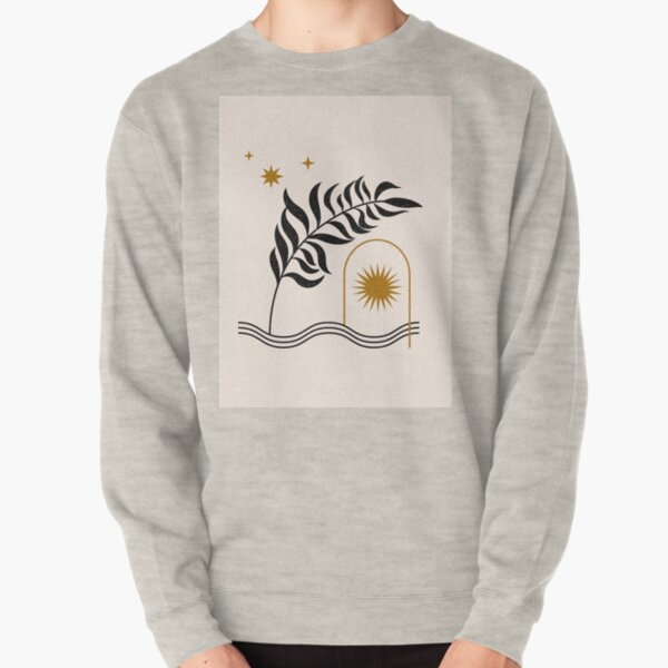 Mid Century Magic Minimalist Black Plant Leaf Golden Sun Motif Bohemian Boho Style Pullover Sweatshirt