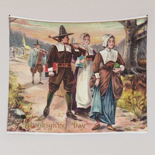 Item preview, Vintage Thanksgiving Day Greeting Card Pilgrims Leaving Church designed and sold by DeeElle.