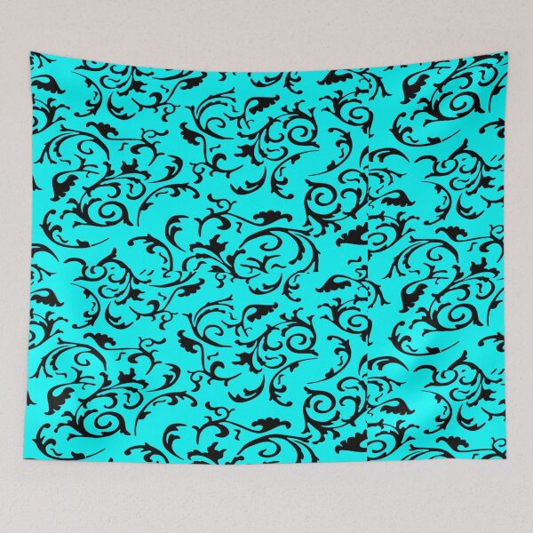 Item preview, ARABIATA 12 bis turquoise blue patterns black Morocco Essaouira flowers leaves design arabesque scrolls decor designed and sold by dragonemma.