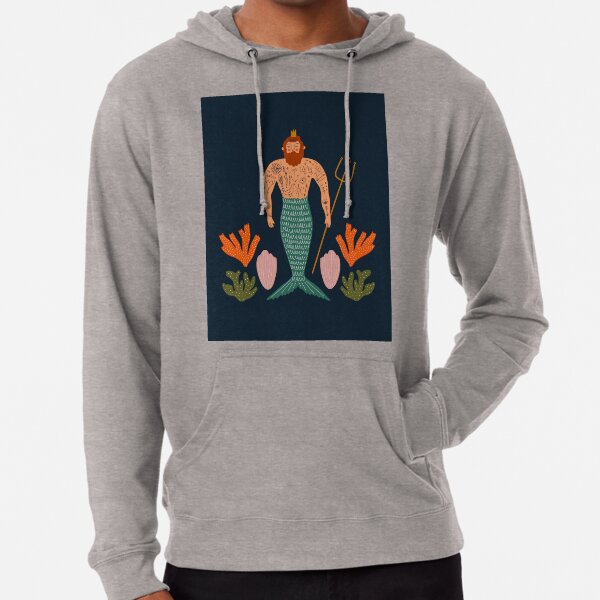 Mid Century Magic Male Mermaid with Tattoos Aquatic Coral Sea Shells Fantasy Fun Illustration Hipster Man Lightweight Hoodie