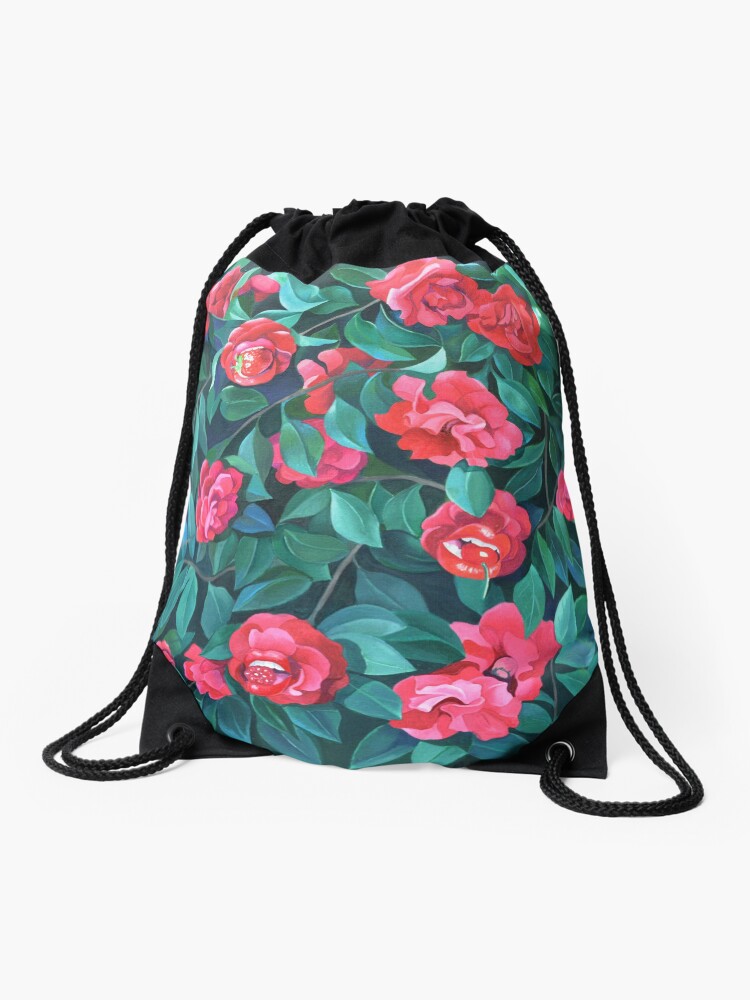 Thumbnail 1 of 3, Drawstring Bag, "Camellias, lips and berries" designed and sold by Binovska.