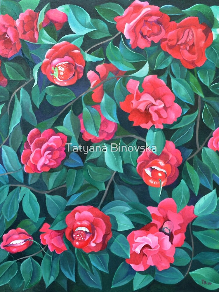 Thumbnail 3 of 3, Drawstring Bag, "Camellias, lips and berries" designed and sold by Binovska.