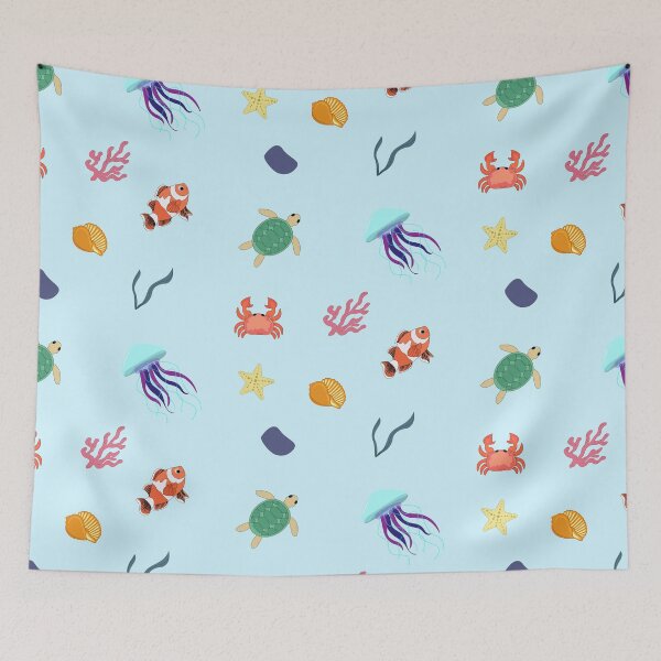 Item preview, Ocean Vibes sticker pack pattern, Ocean creatures, Sea life , sea turtle , sea plants , sea shell , fish , jellyfish , rocks , crab , sea stars light blue designed and sold by SGS-.