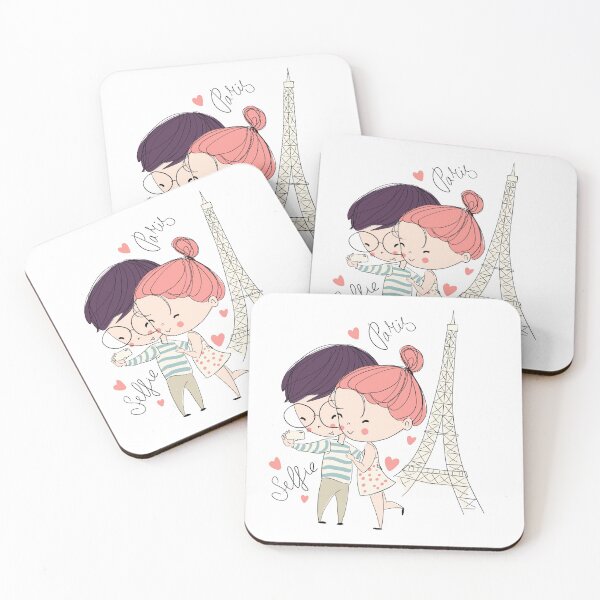 Item preview, male and female taking selfie with Eiffel Tower, Girl Cartoon Drawing, bulk designed and sold by Bashar-Design.