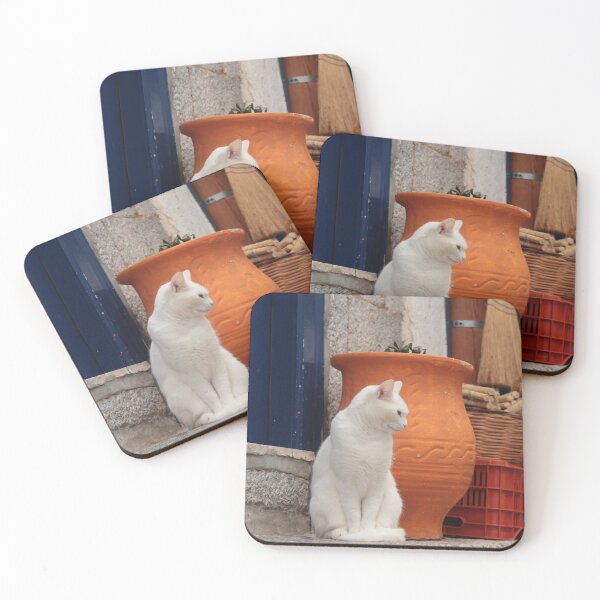 Item preview, Greek cat by blue door and orange pot designed and sold by The Suns Anvil.