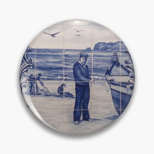 Item preview, Portuguese Azulejo Portraits - Traditional Wall Medallion with Nazare Fishermen designed and sold by Georgia Mizuleva.