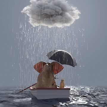 Artwork thumbnail, an elephant and a dog float in a boat in the rain by Mike Kiev art
