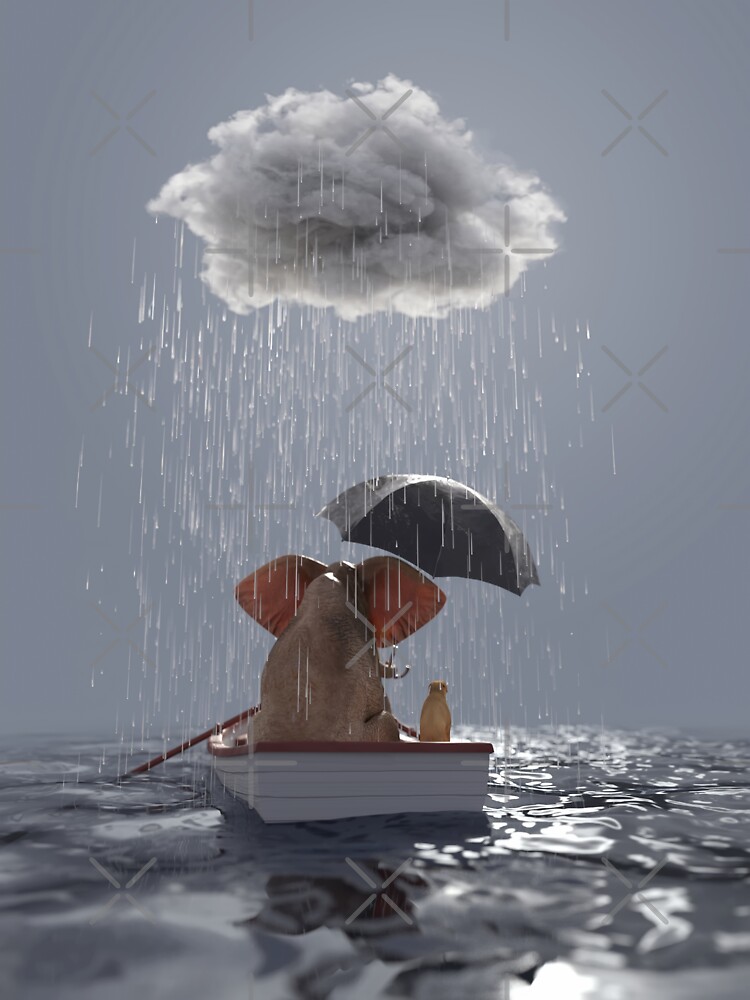 Thumbnail 3 of 3, Sticker, an elephant and a dog float in a boat in the rain designed and sold by mikekiev.