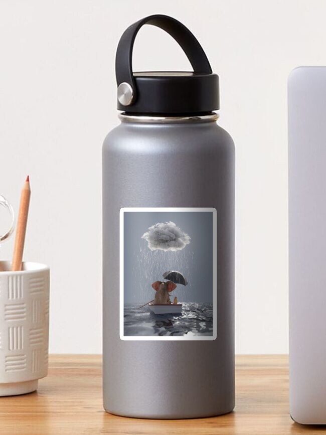 Thumbnail 1 of 3, Sticker, an elephant and a dog float in a boat in the rain designed and sold by mikekiev.