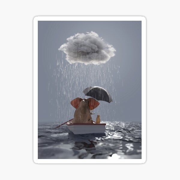 an elephant and a dog float in a boat in the rain Sticker
