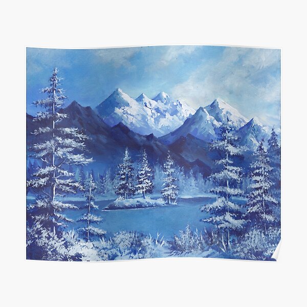 Snowy Blue Mountains With Pine Trees Poster