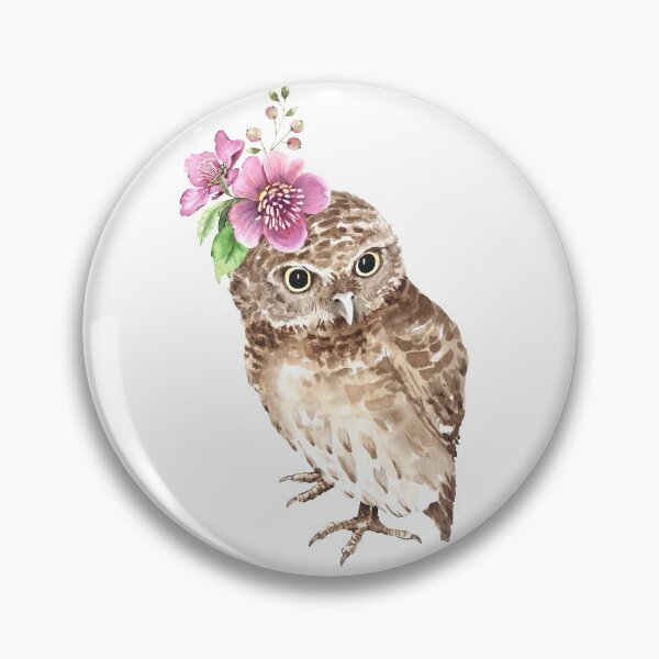 Item preview, cute bird owl with a bouquet of flowers on his head illustration watercolor designed and sold by Lana1512.