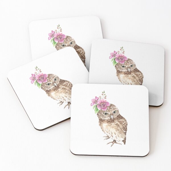 Item preview, cute bird owl with a bouquet of flowers on his head illustration watercolor designed and sold by Lana1512.